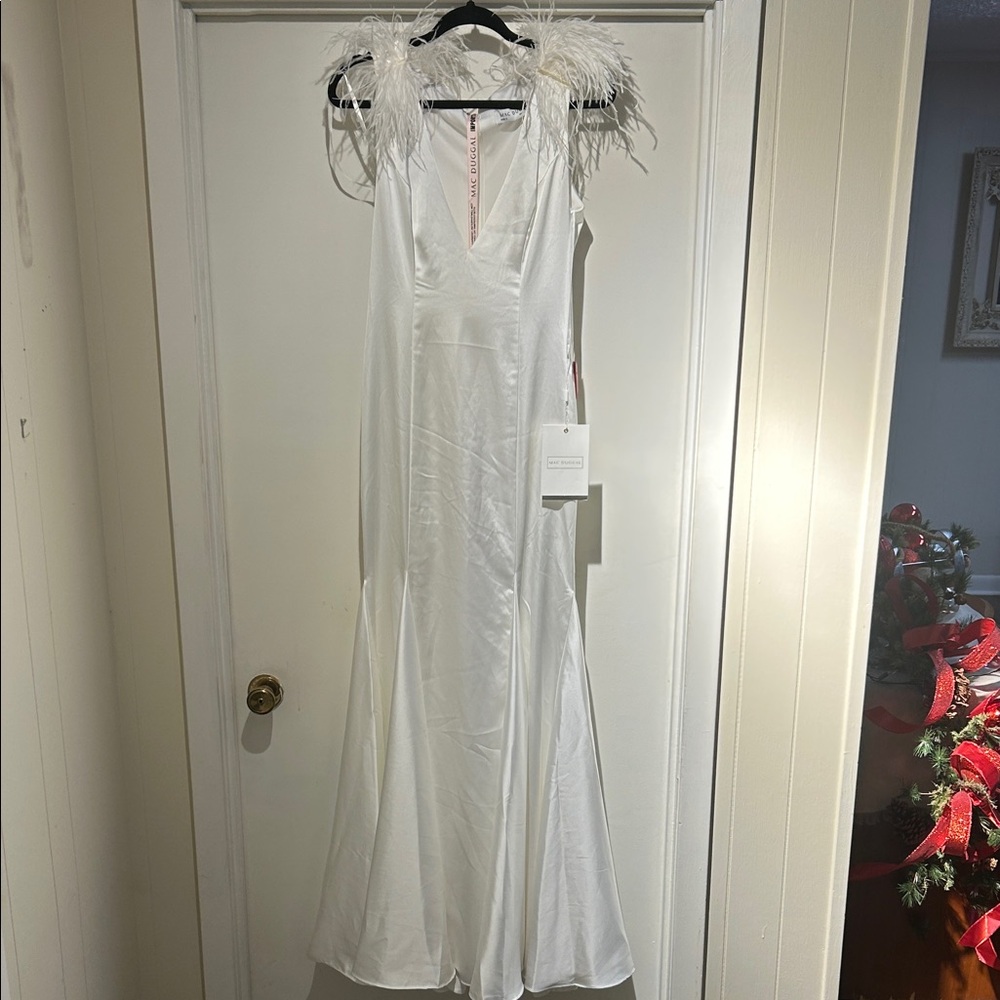Mac Duggal White Feather-Trim Maxi Dress